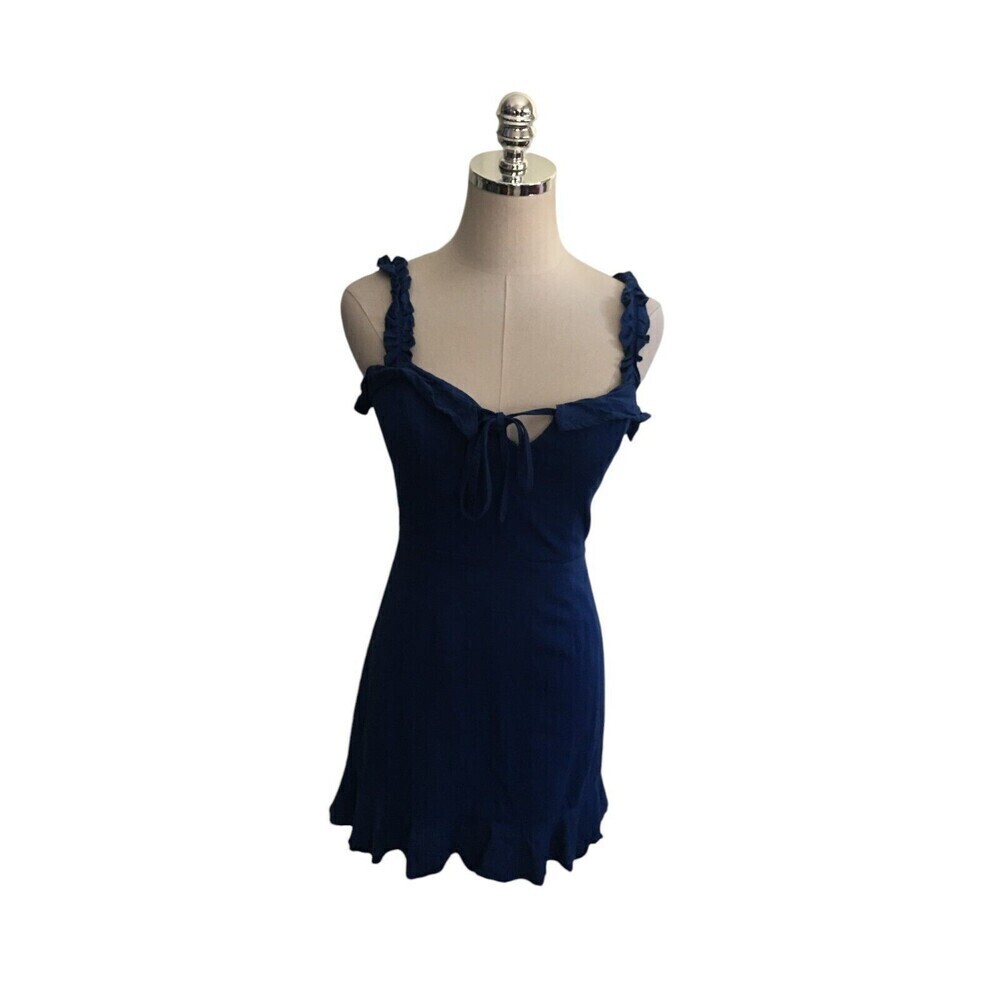 Lulus Mini Dress Women's Size Small Blue Linen Blend Sleeveless Ruffley Tie